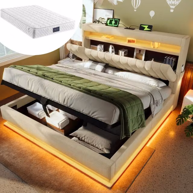 Letto imbottito 140x200 cm beige in lino, vano idraulico e materasso incluso, senza materasso
