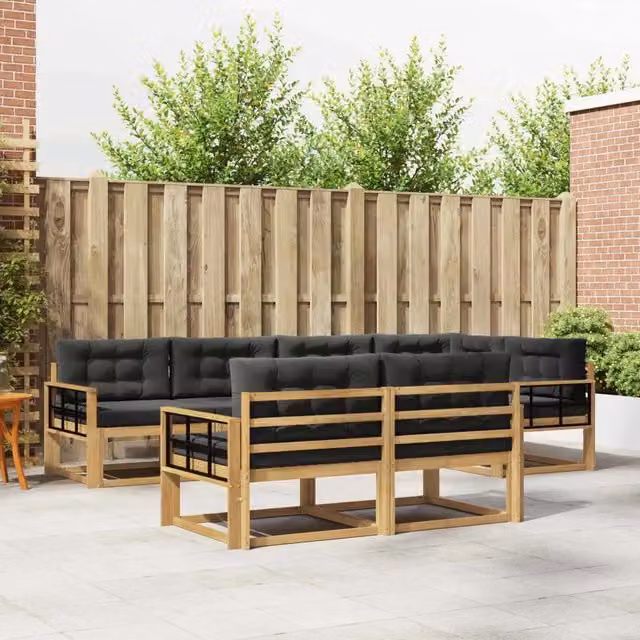 Set di divani da esterno vidaXL a forma di L composto da 6 pezzi in legno di acacia con cuscini bianchi e antracite in poliestere resistente ai raggi UV – 1