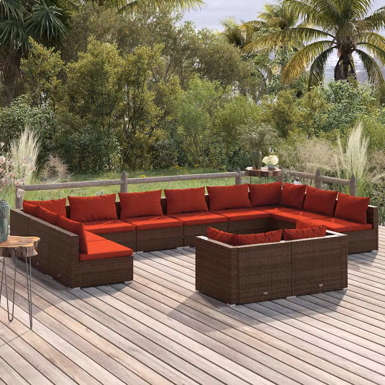 Set di divani da giardino vidaXL a forma di U composto da 12 pezzi con cuscini marroni e rossi in polyrattan e struttura in acciaio verniciato a polvere