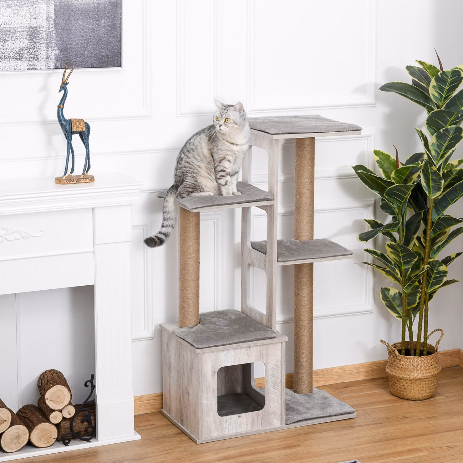 Albero tiragraffi per gatti Aosom multi-livello con cuccia e corde in iuta, Grigio, Altezza: 114 cm – 2