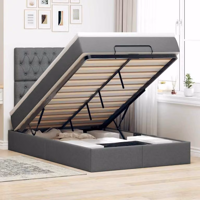 Letto con Pouf e Materasso vidaXL in Tessuto Grigio e Bianco con Base a Sollevamento, Illuminazione Sotto il Letto e Porta USB, L/P/H: 200 x 80 x 120 cm