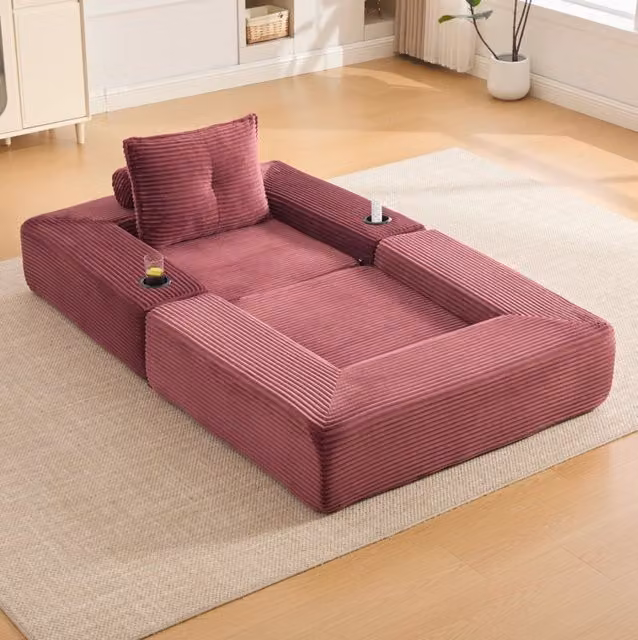 Divano letto pieghevole 122x98x80 cm bordeaux con portabicchiere e tasca, velluto a coste,