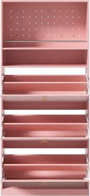 Scarpiera stretta moderna rosa con 3 scomparti a ribalta e ripiani aperti, maniglie dorate a trifoglio, 80×24×178,5 cm