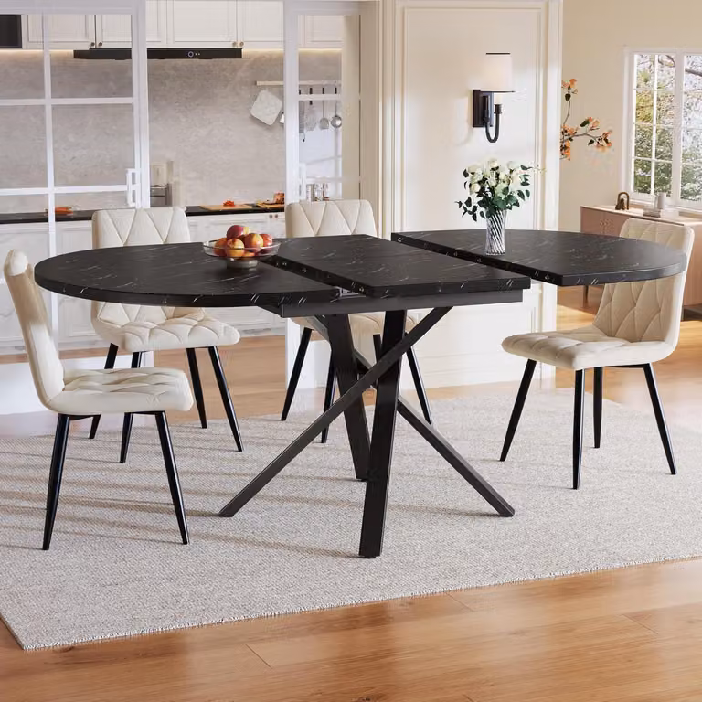 Set da pranzo completo per 5 persone, composto da: tavolo rotondo allungabile da 100-140 cm e 4 sedie in velluto color beige