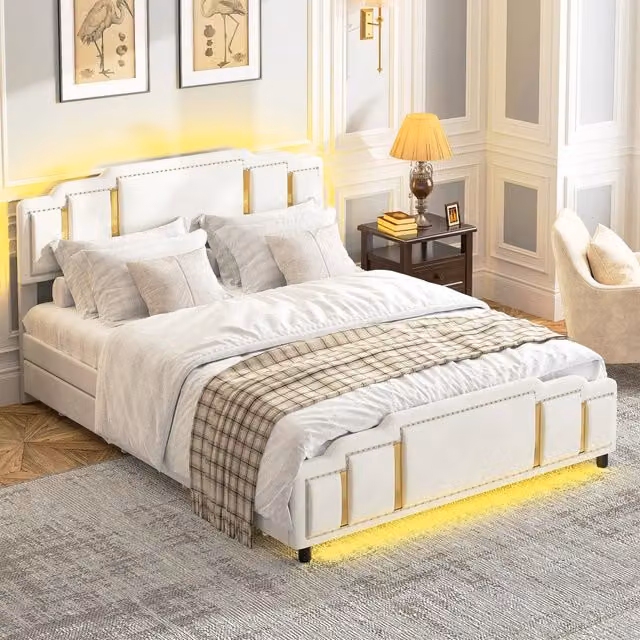 Letto imbottito 140x200 cm con LED e cassetti in velluto beige