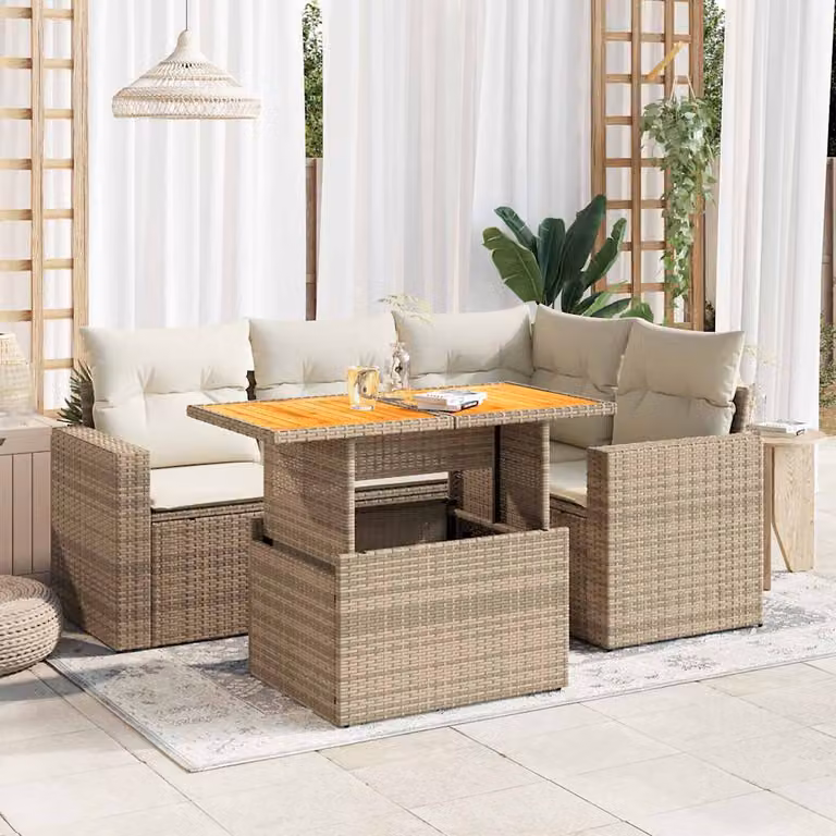 Set Divano da Giardino a L vidaXL 5 pz con Tavolino e Cuscini Beige in Polyrattan e Legno di Acacia