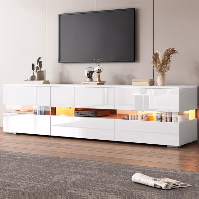 Mobile TV ¨C Minimal ¨C Bianco lucido con luce LED, 1 cassetto 2 ante, 160x39x45 cm, per TV 70 pollici