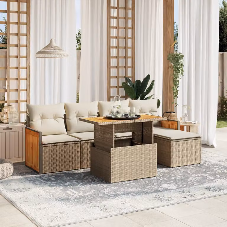 vidaXL Set Divano da Giardino a L in Polyrattan Beige con 6 Pezzi e Cuscini in Tessuto Resistente ai Raggi UV