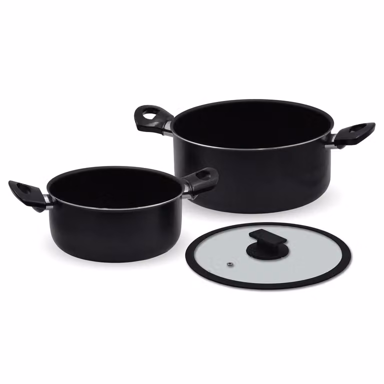 Set di 2 Casseruole Accademia Mugnano Linea Vulcano Antiaderenti in Alluminio con Coperchio in Vetro, Colore Nero, Ø 20 cm e Ø 24 cm