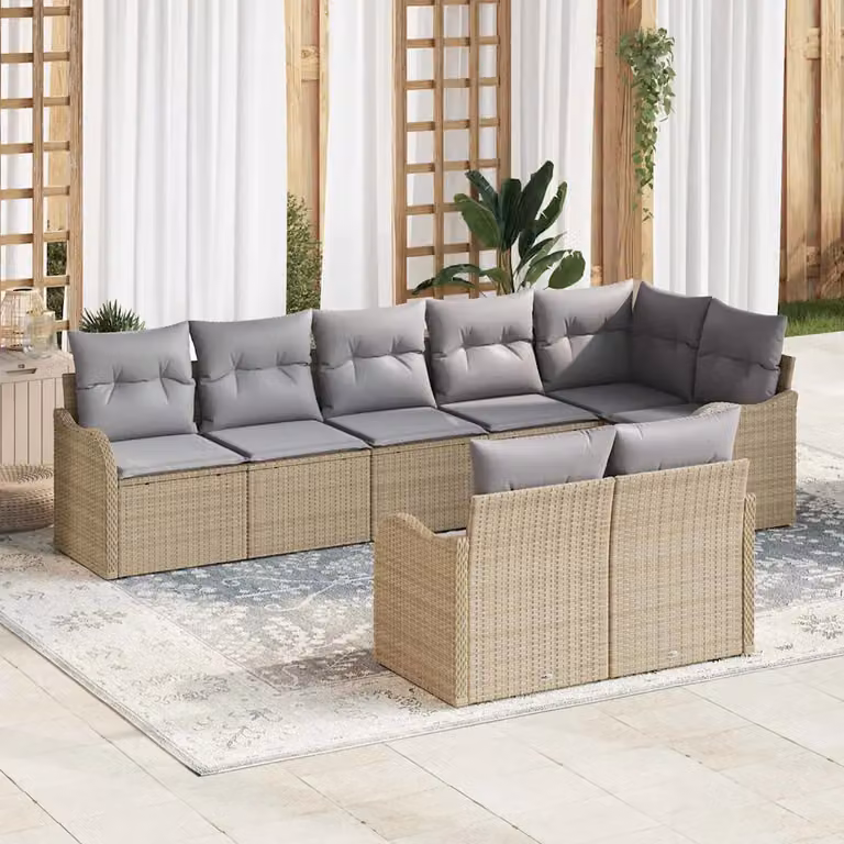 Set Divano da Giardino vidaXL 8 pz a Forma a L con Cuscini Beige e Grigio in Polyrattan e Acciaio Verniciato a Polvere