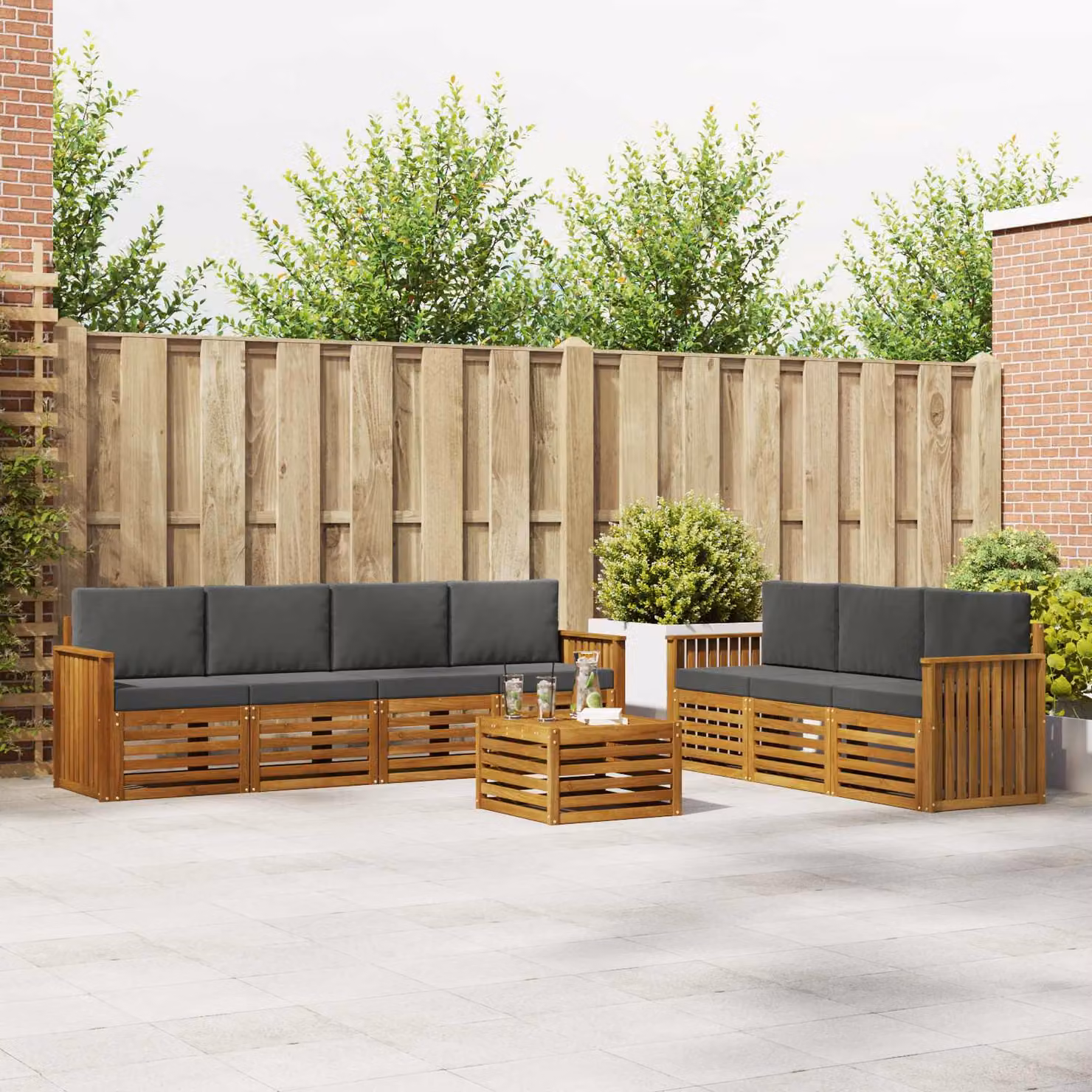 Set di divani da giardino vidaXL in legno di acacia massello con cuscini, 8 pezzi, colore naturale e antracite