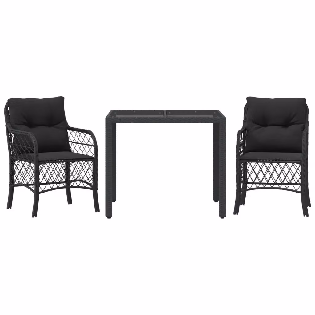 Set da Bistrò vidaXL 3 pz in Polyrattan Nero con Cuscini e Tavolo in Vetro per Giardino e Balcone – 2