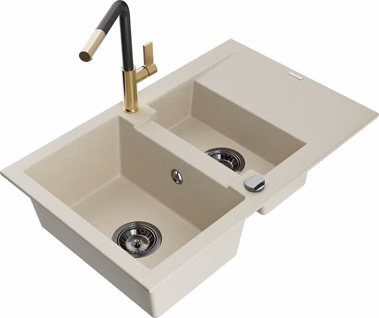 Mexen Gaspar lavello in granito a 1,5 vasche con sgocciolatoio e rubinetto da cucina Flora, beige - 6507-69-670401-57-B