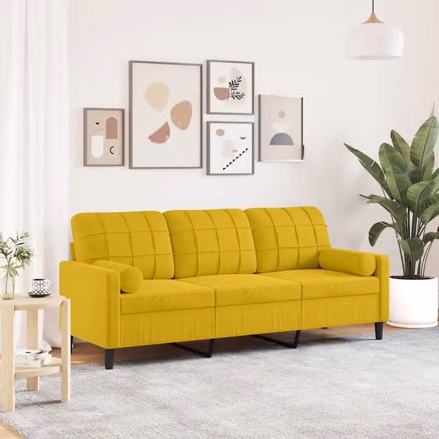 Divano a 3 posti moderno vidaXL in velluto giallo con cuscini e coperture rimovibili L: 197 cm, P: 80 cm, H: 77 cm