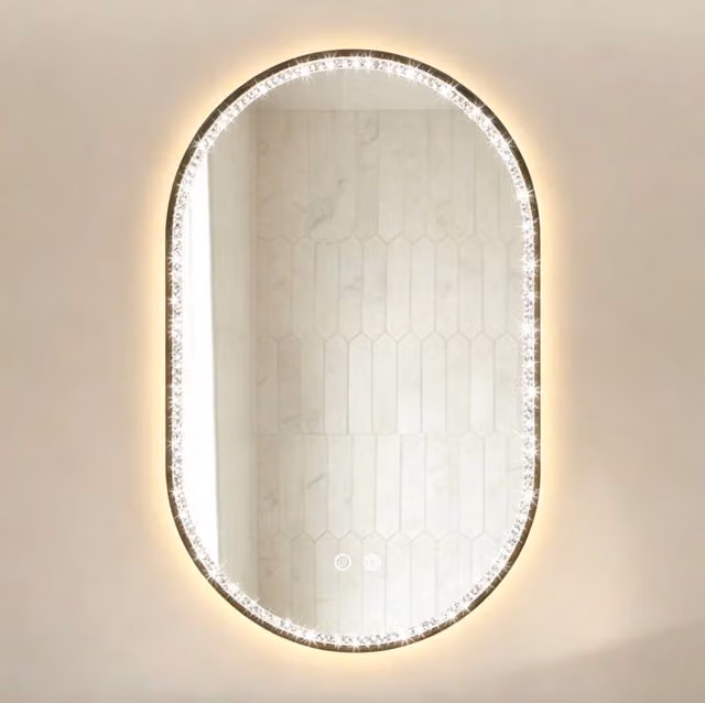 Specchio bagno ovale 50×80 cm con LED, antiappannamento, temperatura colore regolabile e cornice nera con diamanti