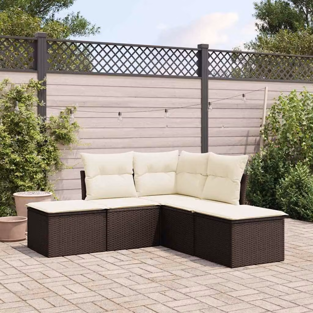vidaXL Set Divano da Giardino 5 pz a L in Polyrattan Marrone con Cuscini e Ottoman – 1