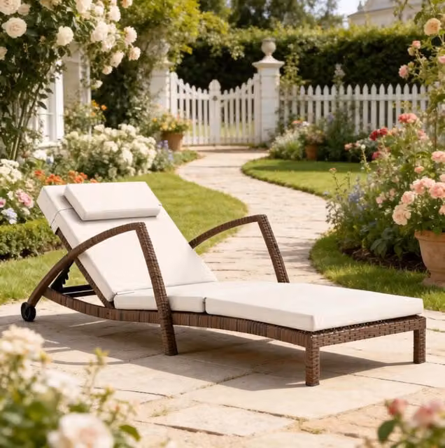 Lettino prendisole ULEVR 185x72 cm con schienale regolabile in 5 posizioni, ruote e cuscini beige e marrone