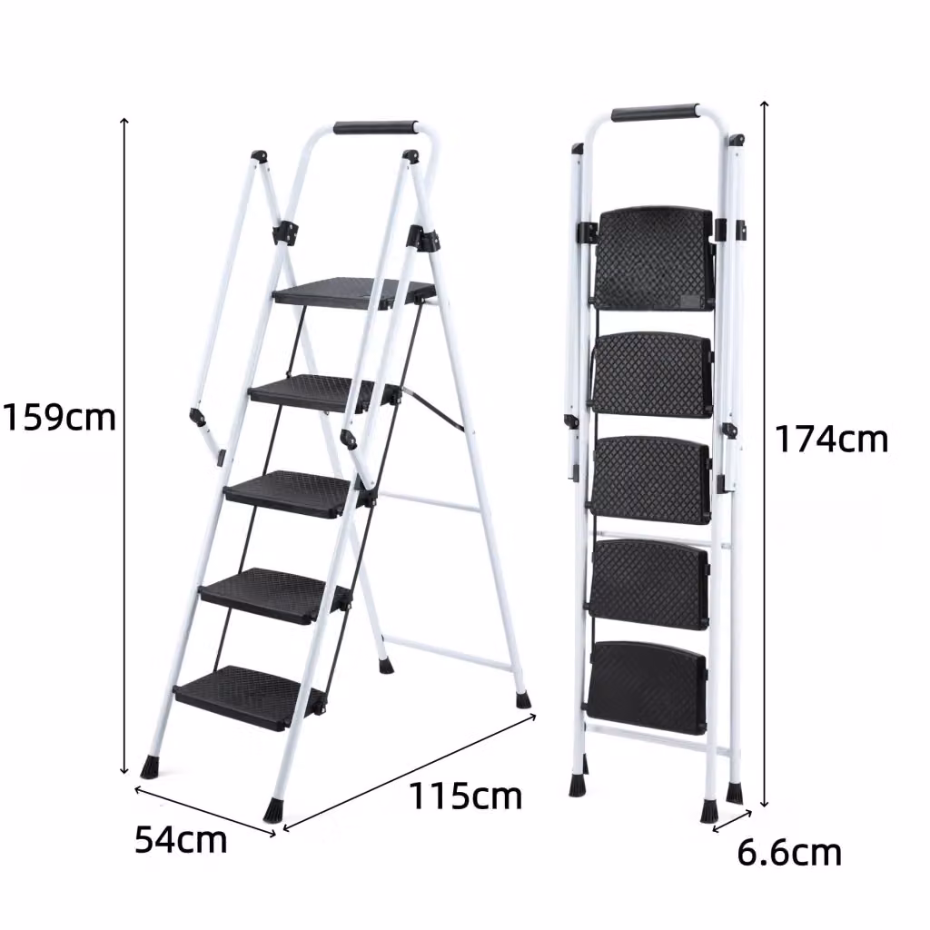 Scala pieghevole REDOM in acciaio con maniglia ergonomica e piedini in gomma, Nero/Bianco – 2