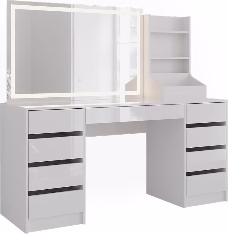Tavolo da toeletta Vicco Sherry Bianco/Bianco lucido 158.2 cm con specchio a LED, Model 57664