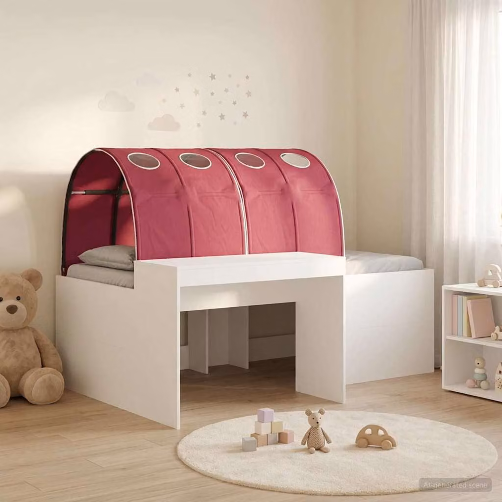 vidaXL Letto per bambini con tunnel e scomparti laterali, Bianco, Rosso e Marrone, L/P/H: 200 x 140 x 142 cm