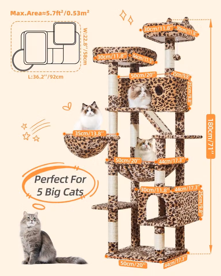 Albero per gatti grande, altezza 180 cm, 8 pali per graffiare, 2 piattaforme, 2 tane, amaca, palline di peluche, per gatti