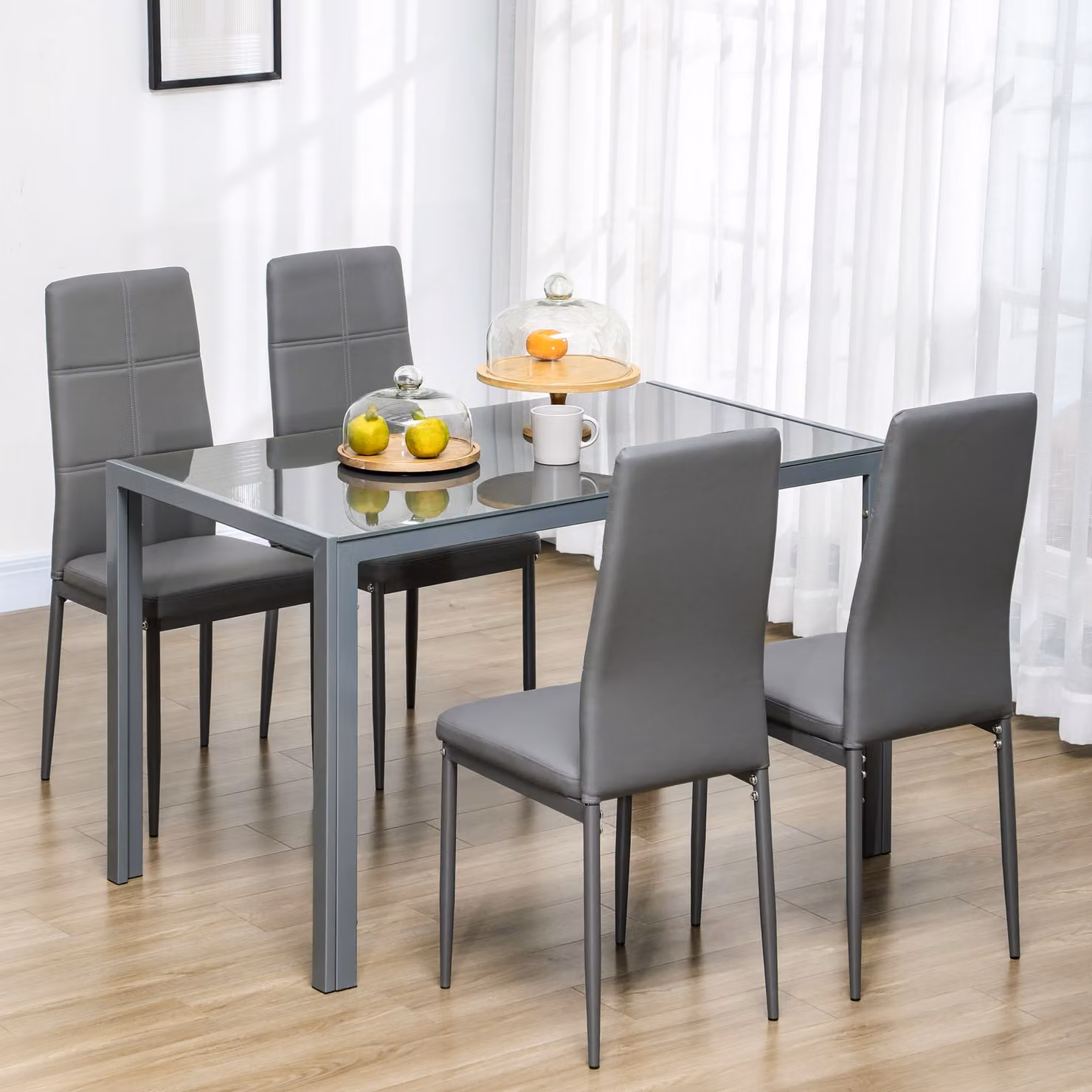 Set da pranzo HOMCOM composto da tavolo rettangolare in vetro temperato e 5 sedie in similpelle e metallo, stile moderno, colore grigio – 2