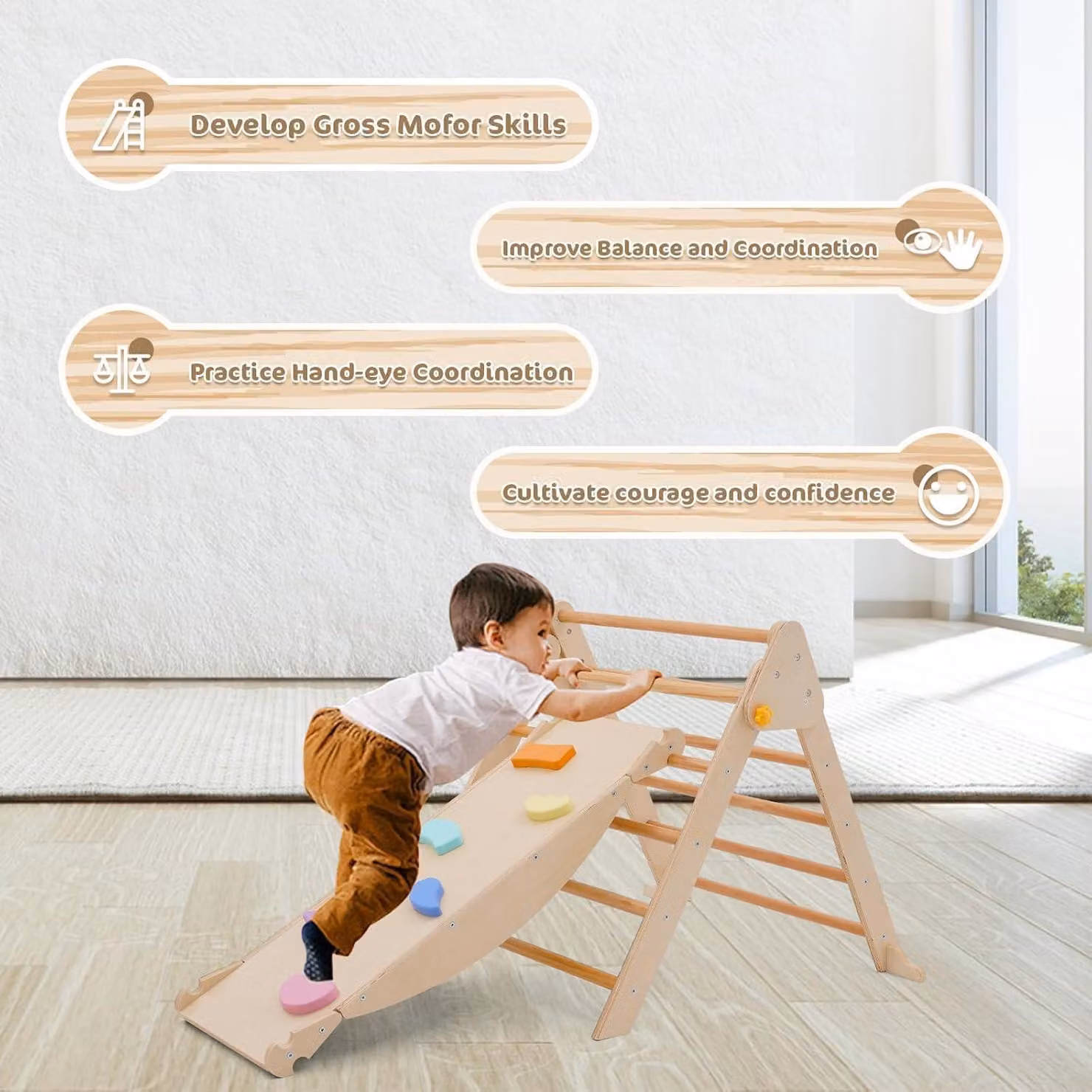 Struttura gioco multifunzione in legno, 4 in 1, con scivolo, scaletta, arco e altalena, adatta a bambini dai 1 ai 5 anni, pieghevole