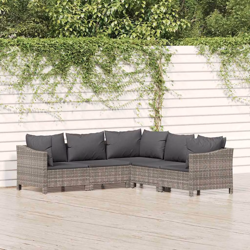 Set di divani da giardino vidaXL a forma di L composto da 5 pezzi con cuscini in polyrattan e struttura in metallo grigio