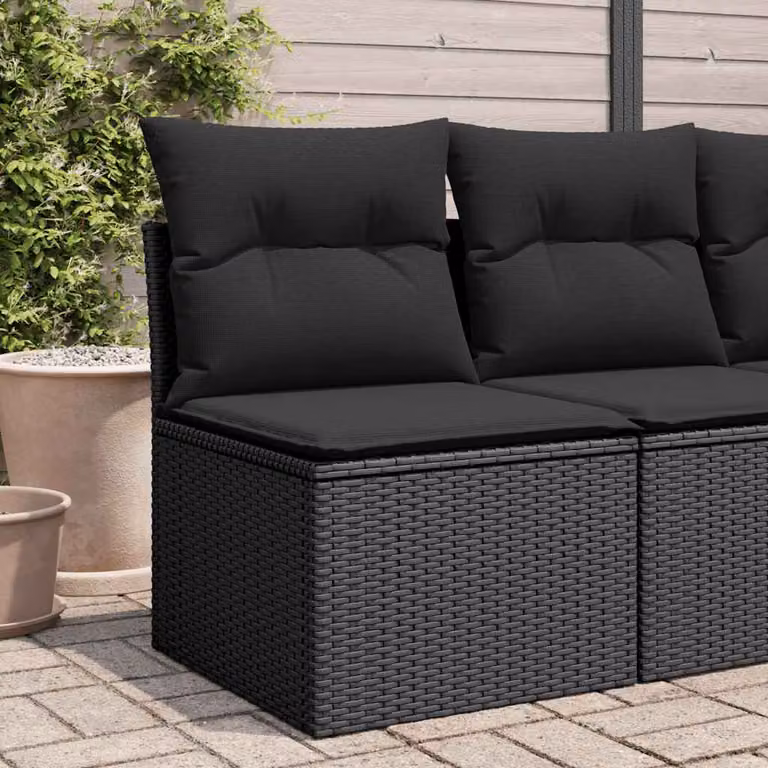 vidaXL Divano da giardino senza braccioli in polyrattan nero con cuscini imbottiti e coperture rimovibili