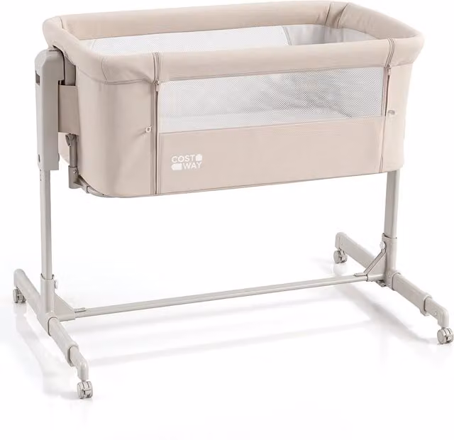 Culla per neonati DESIGN IN con 6 livelli di altezza regolabile, funzione dondolo, 4 ruote con freno e piedini estensibili, Beige – 1