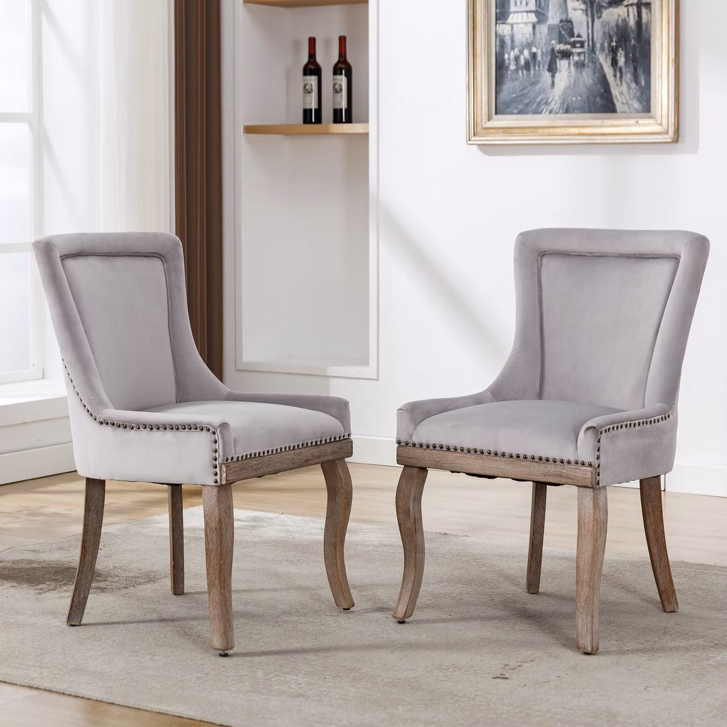okwish Sedie da pranzo 2 pezzi, sedia da cucina, sedia da soggiorno, sedia pouf, sedia multifunzionale con decorazioni in testa di chiodo, gambe in legno massiccio, rivestimento in velluto, beige