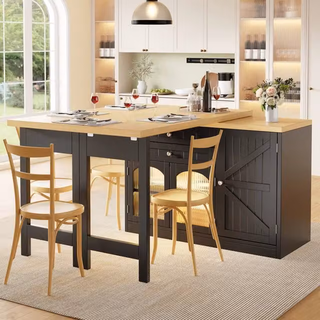 Isola cucina WISHDOR con tavolo allungabile girevole, 2 cassetti e ante in vetro, nera e trasparente