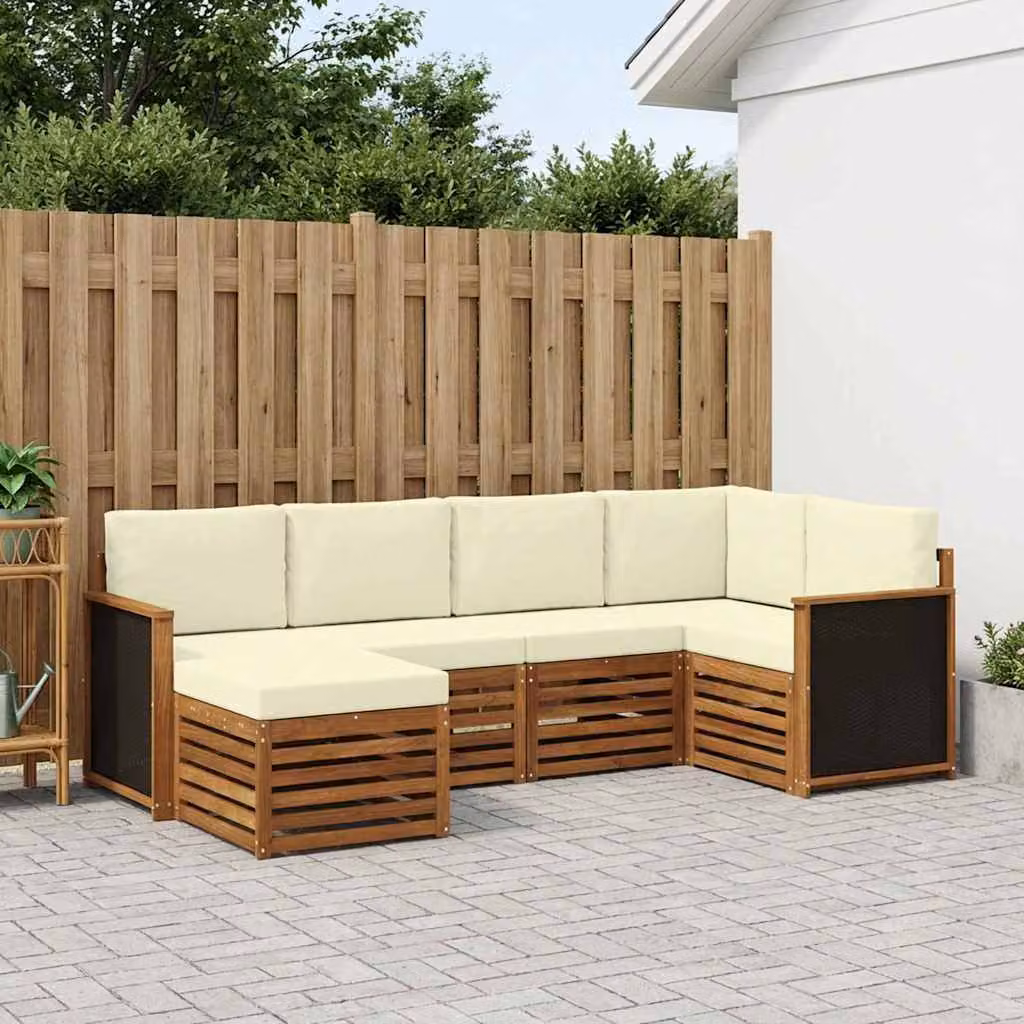Set di divani da esterno vidaXL a forma di L composto da 5 pezzi in legno di acacia con cuscini beige e bianchi