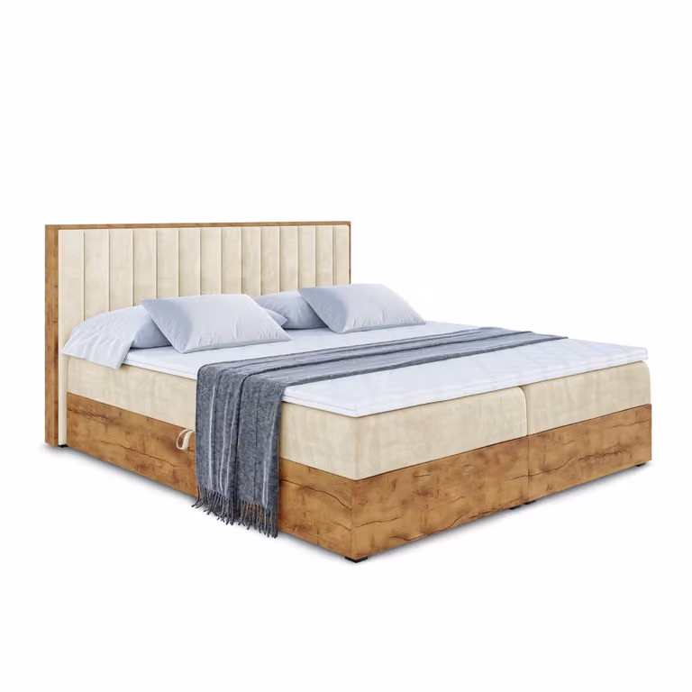 Letto boxspring ALTDECOR LOLLI4 con materasso H4, testiera e contenitore in rovere - 200x200 - Velluto beige