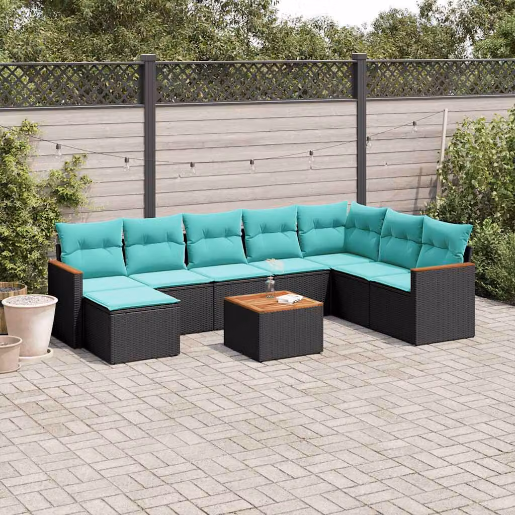Set di divani da giardino vidaXL 9 pezzi in polyrattan nero con cuscini e tavolino da esterno