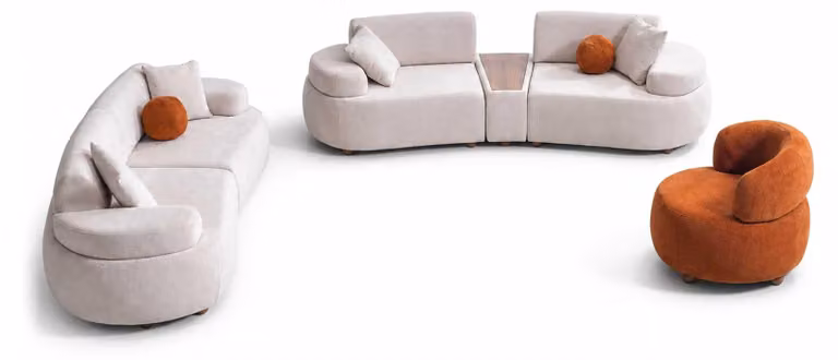 Divano componibile per soggiorno, composto da un divano a 3 posti, uno a 2 posti e uno a 1 posto. Arredamento imbottito design elegante