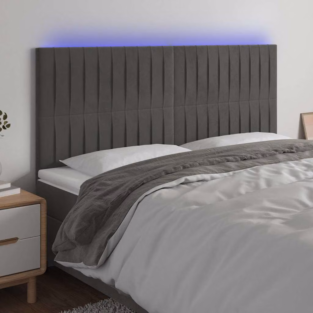 Testiera per letto vidaXL in velluto grigio con illuminazione LED e porta di ricarica USB, L: 200 cm, P: 5 cm, H: 118/128 cm