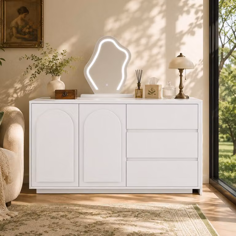 Comò da trucco con specchio a LED e piano, comò con cassetti e scomparti, comò da trucco illuminato, 140x75x40 cm, bianco, in legno truciolato
