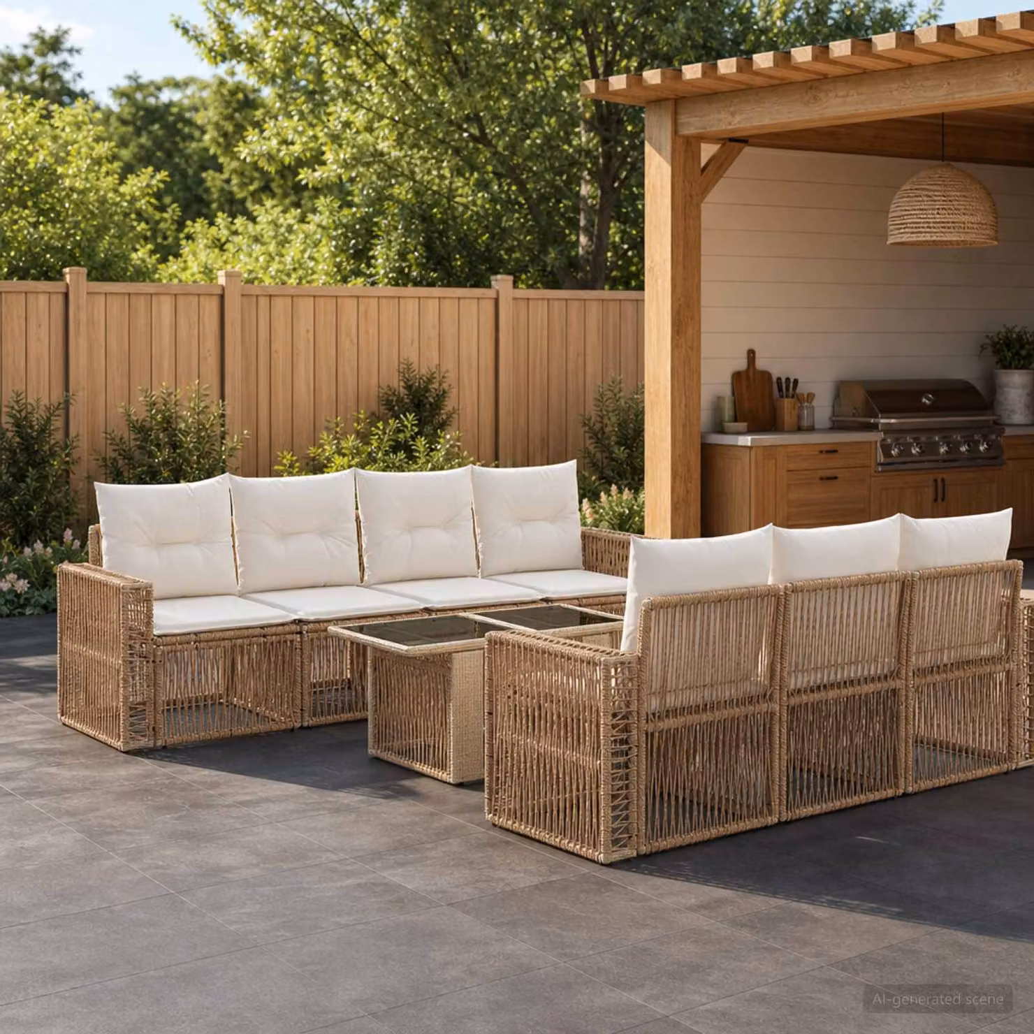 Set Divano da Giardino vidaXL 8 Pezzi in Polyrattan Beige e Bianco con Cuscini e Tavolino da Esterno
