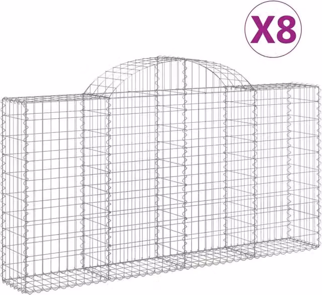 Set di 8 gabbioni ad arco in ferro zincato argento per recinzione o muro di contenimento L: 200 cm, P: 30 cm, H: 100/120 cm