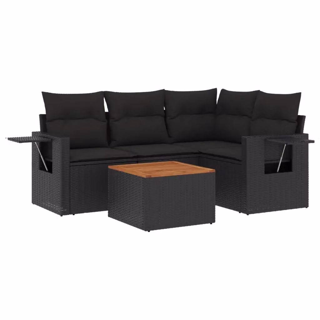 vidaXL Set Divani da Giardino a L 5 pz in Polyrattan Nero con Cuscini e Tavolino da Esterno – 2