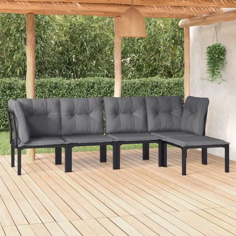 Set Salotto da Giardino vidaXL 5 Pezzi a Forma di L in Polyrattan Nero e Grigio con Cuscini Imbottiti e Struttura in Acciaio
