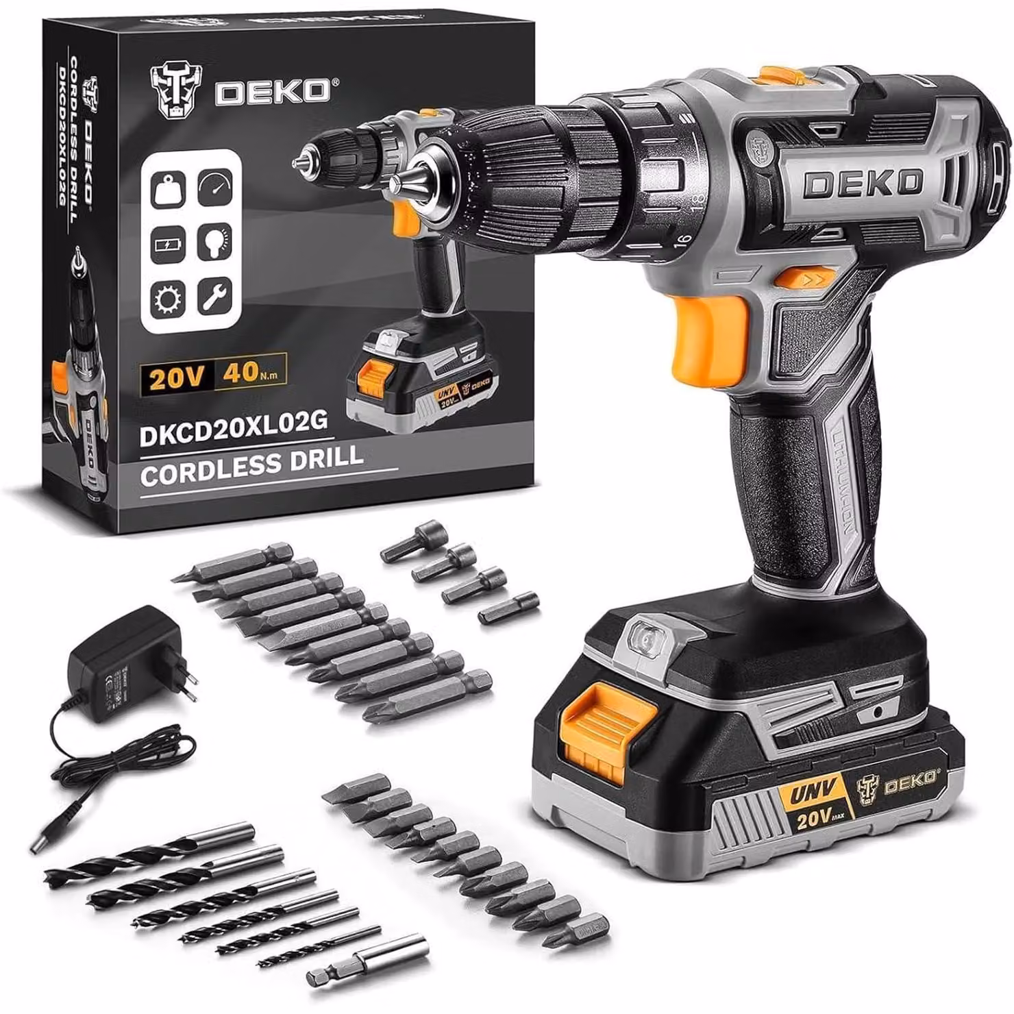 Set di trapano avvitatore a batteria da 20V, completo di batteria da 1,5Ah e caricabatterie, colore grigio
