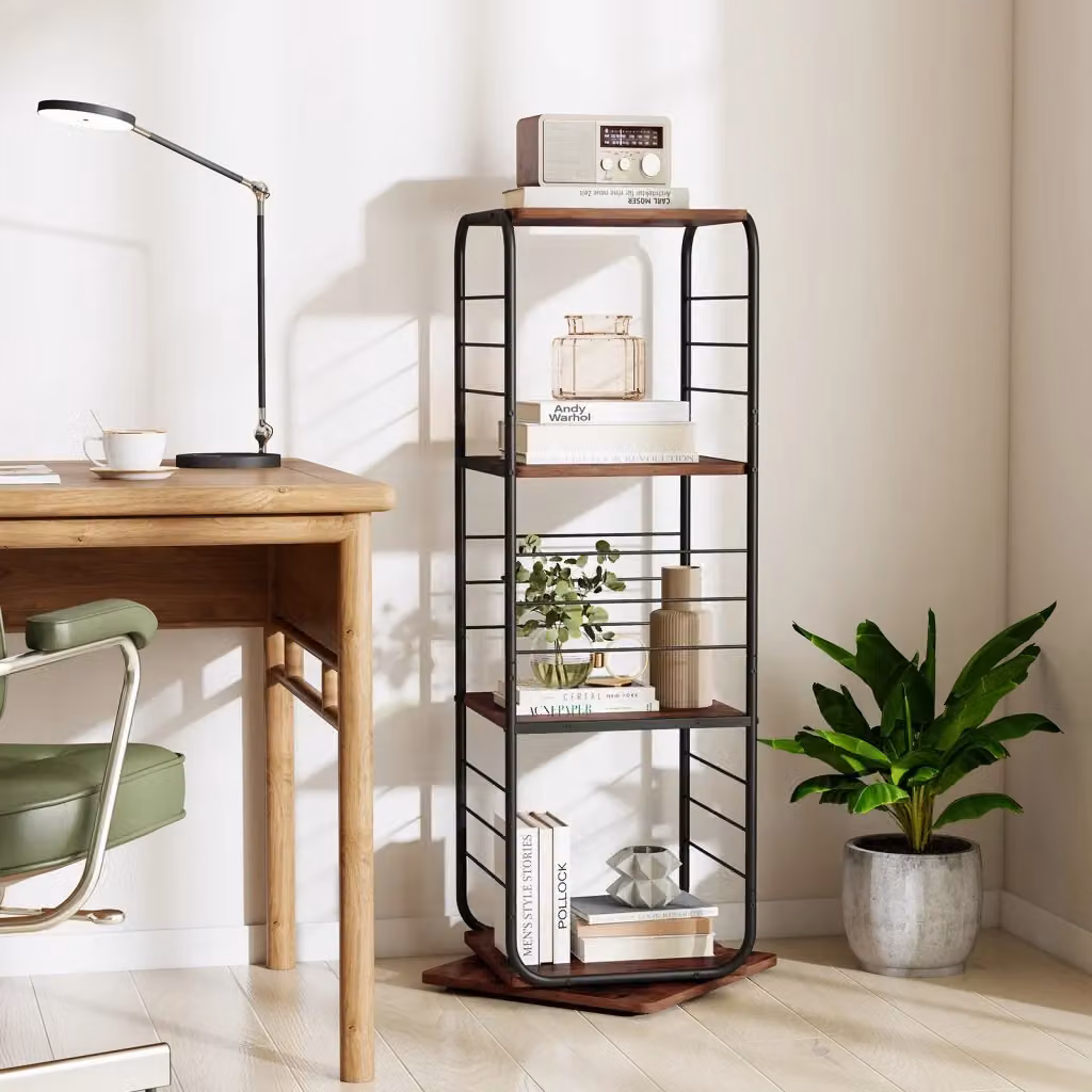 Libreria girevole DESIGN IN a 4 ripiani con rotazione a 360 gradi in metallo e legno, Espositore compatto salvaspazio nero per casa, ufficio e soggiorno – 2