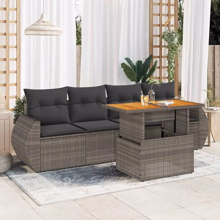 Set Divano da Giardino vidaXL 5 pz in Polyrattan Grigio con Cuscini e Tavolino da Esterno