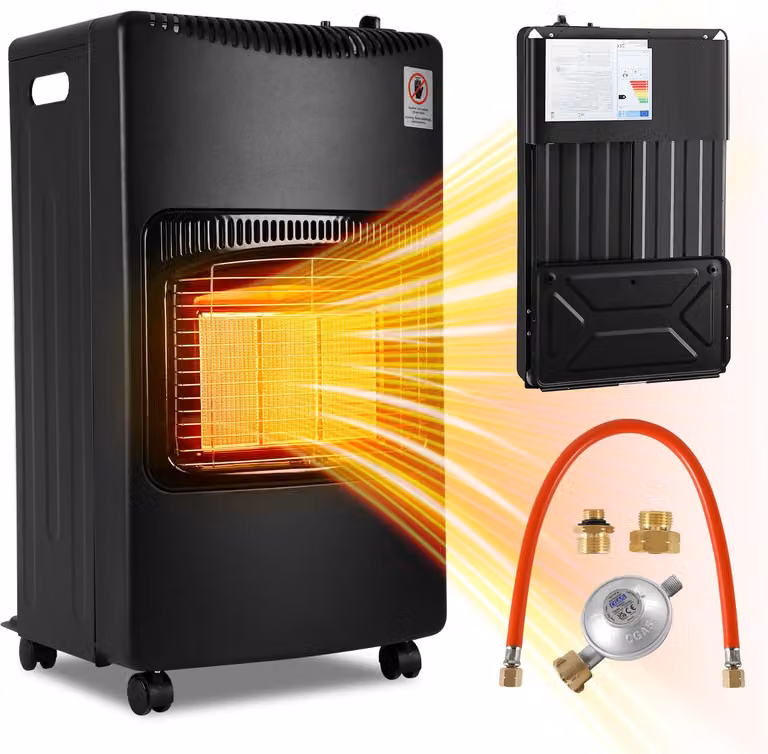 Riscaldatore a gas Ikodm, 4200W, con piastra in ceramica, 3 livelli di riscaldamento, sistema di sicurezza anti-ribaltamento e rilevatore di gas, completo di regolatore di pressione e tubo, dotato di 4 ruote, inclusi 2 adattatori EU