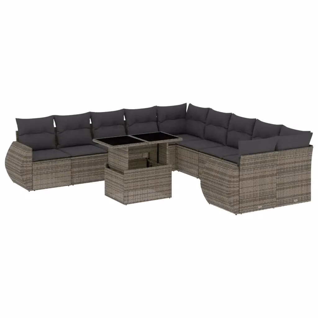 vidaXL Set Divani da Giardino a Forma di L in Polyrattan Grigio con Cuscini, Tavolino e Sedute, 11 Pezzi – 2