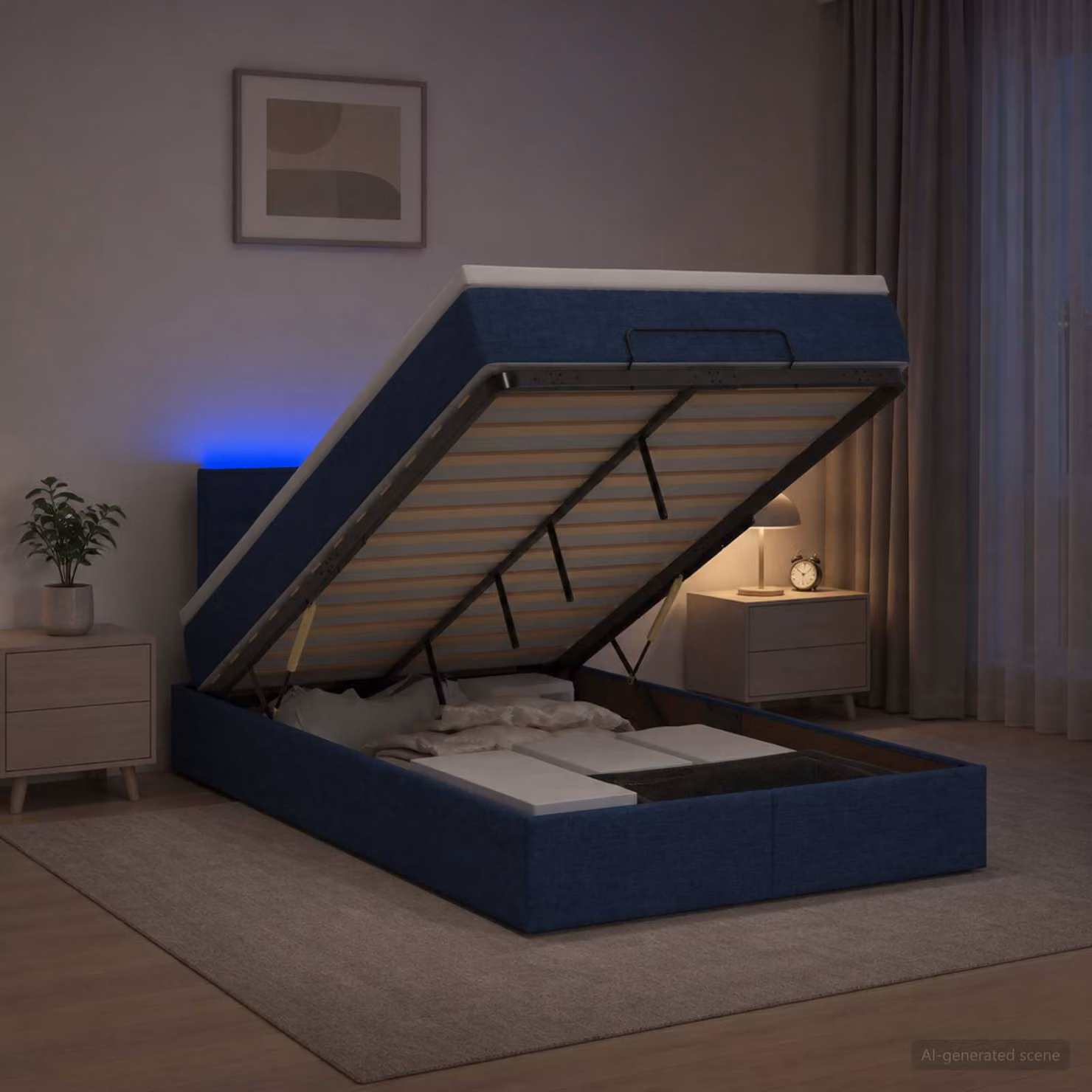 vidaXL Letto Ottomano Moderno con Materasso Ibrido e Illuminazione LED Sotto il Letto, Blu e Bianco, L/P/H: 120 x 200 x 88 cm