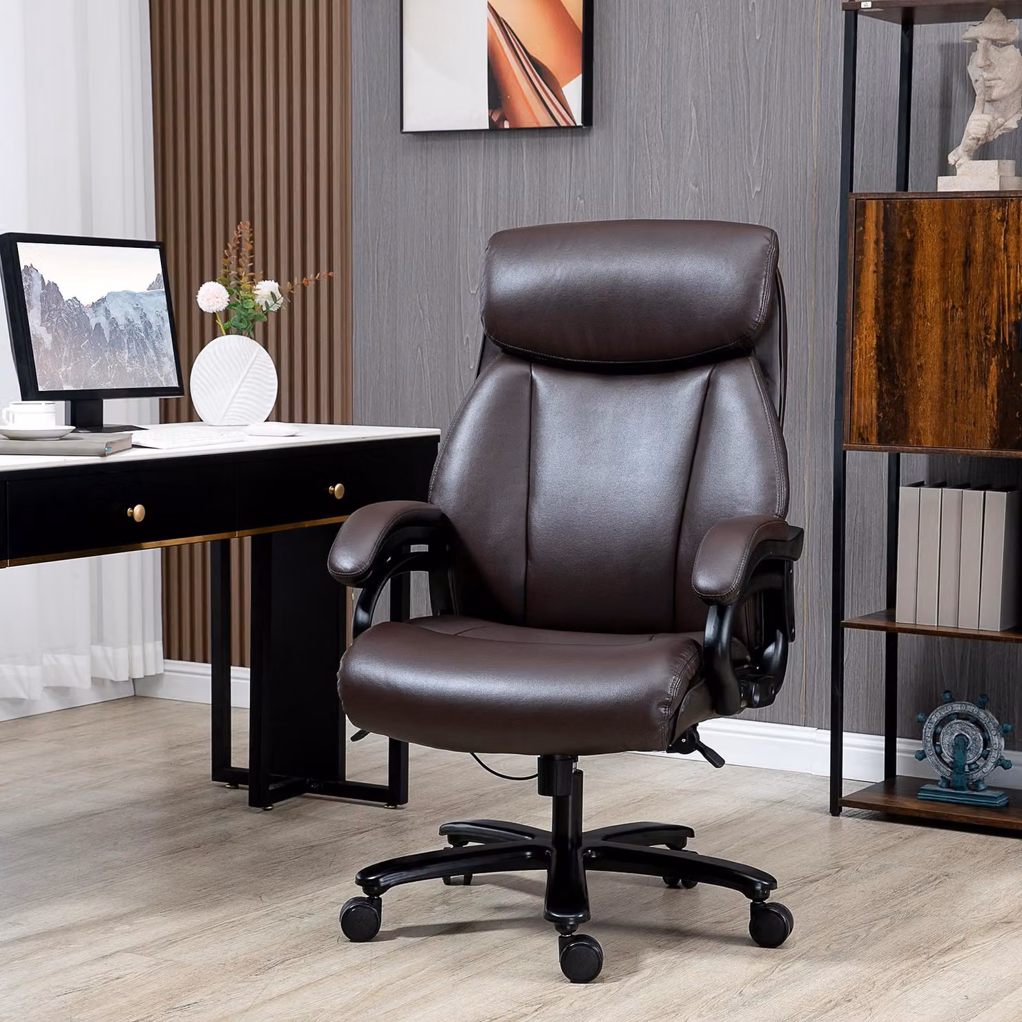 okwish sedia da ufficio regolabile in altezza sedia da lavoro girevole sedia executive con schienale, braccioli e poggiatesta, sedia da gioco con rotelle a 360 gradi e funzione dondolo, marrone