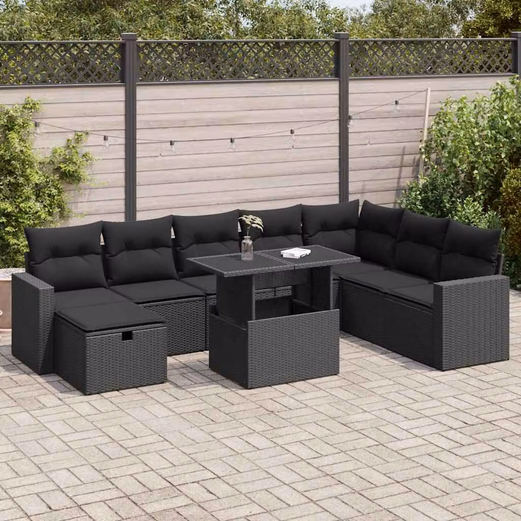 Set di divani da giardino vidaXL in polyrattan nero con cuscini, tavolino e pouf a forma di U per esterno